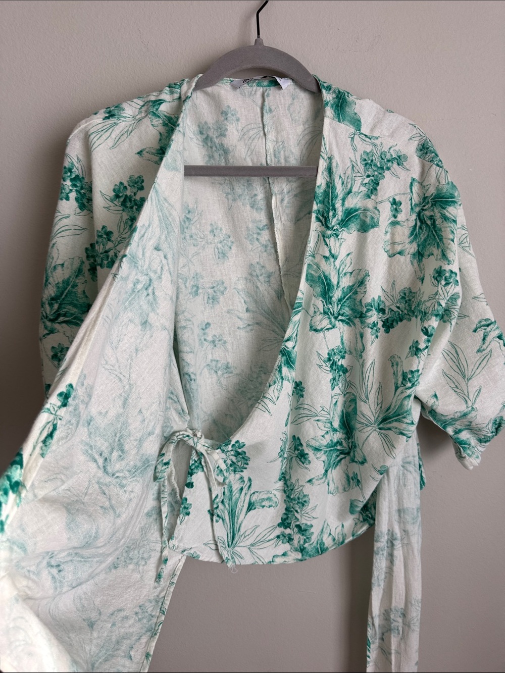 Zara Botanical Wrap Blouse XS Oversized Green Floral Linen Blend Top Cottagecore - Picture 2 of 11
